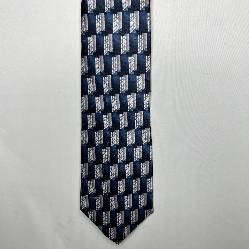 Pierre Cardin Men’s Necktie 4” 100% Silk Blue & Gray Geometric Tie